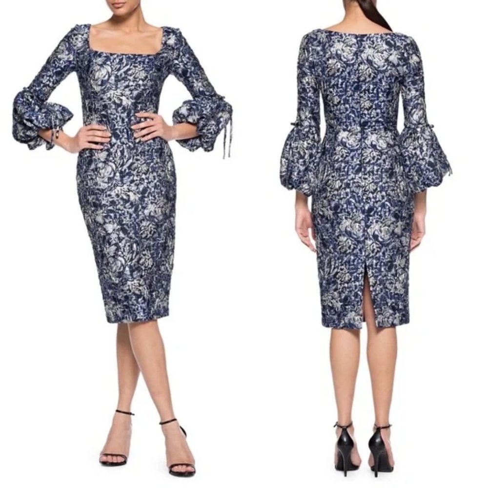 Theia Blue and White Floral Midi Dress